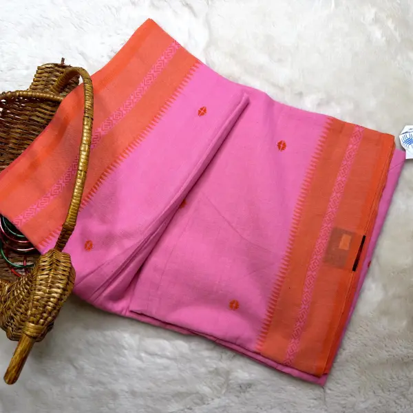 Rose Pink with light orange dhaniakali cotton saree