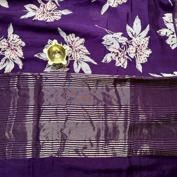 Purple thread work linen cotton saree