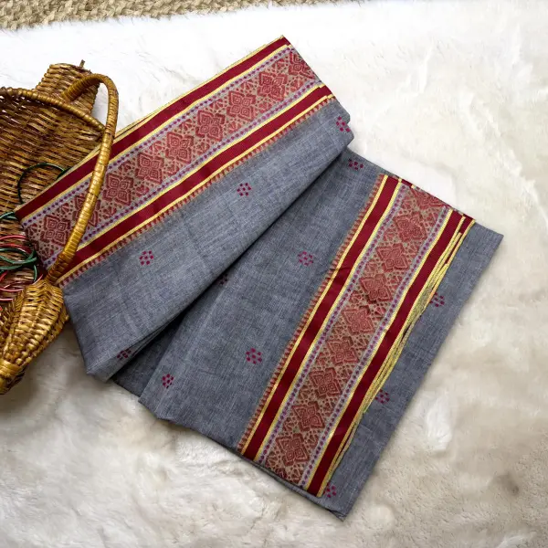 Grey & Red traditional dhaniakali cotton saree