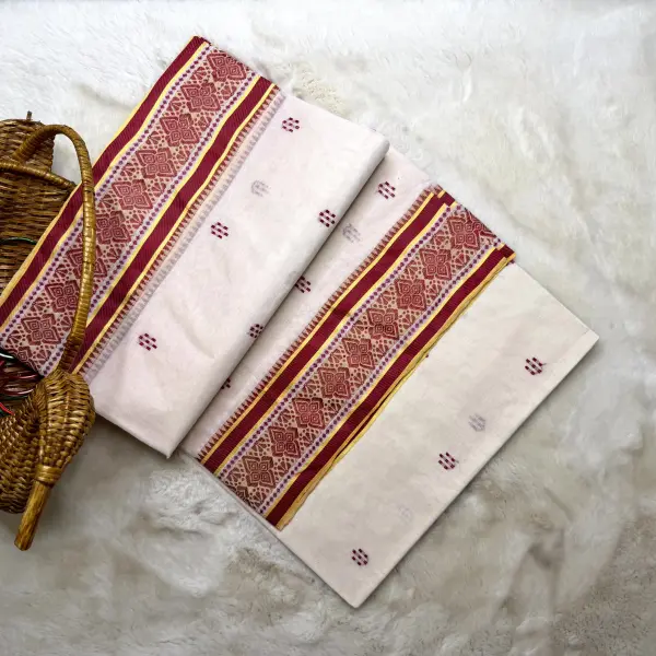 White & Red traditional dhaniakali cotton saree