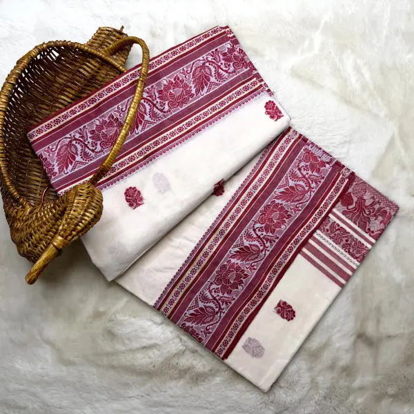 White and red Baluchari weave dhaniakali cotton saree