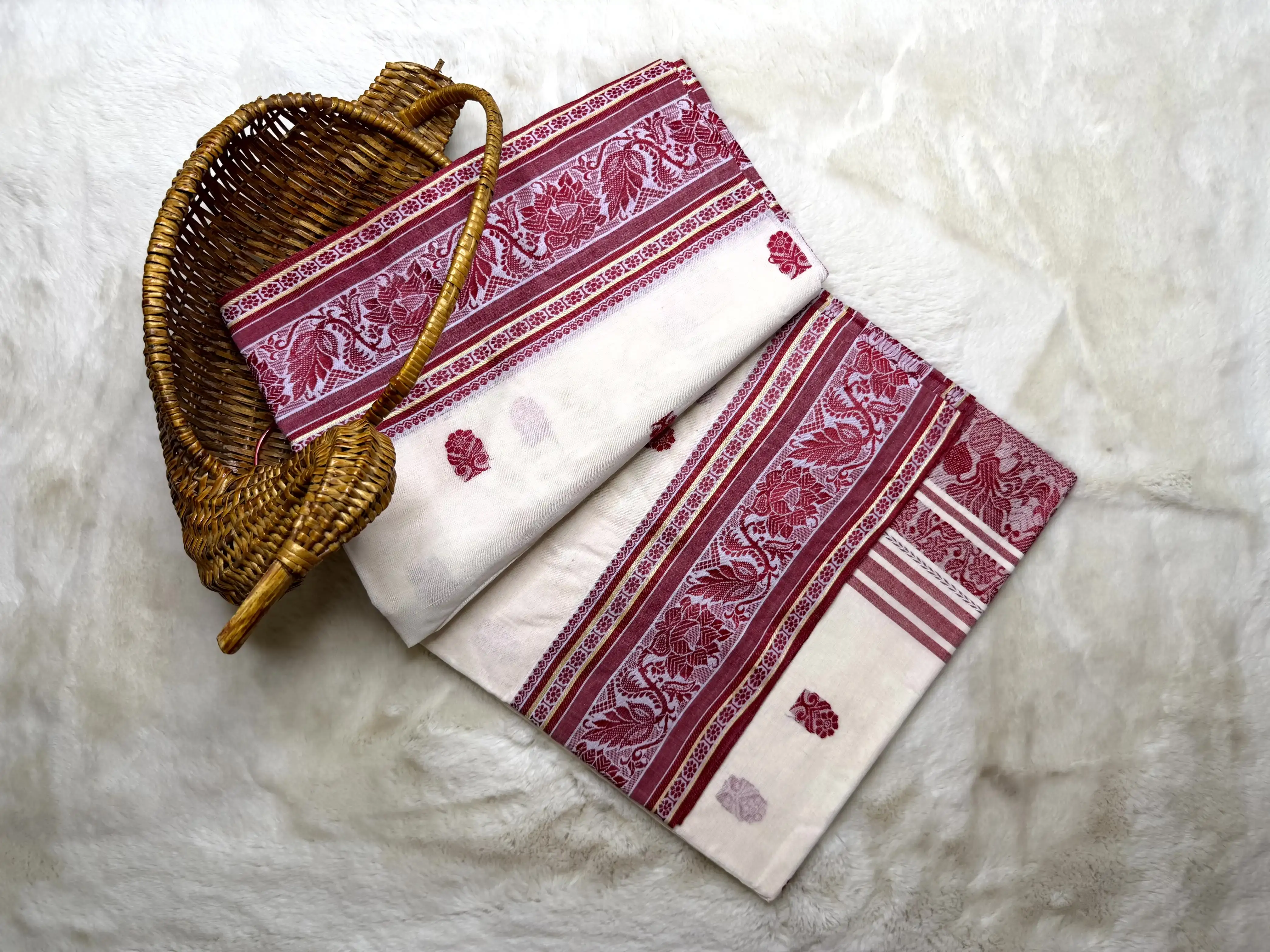 White and red Baluchari weave dhaniakali cotton saree