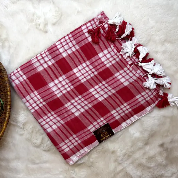 Red & white checks Mul cotton saree
