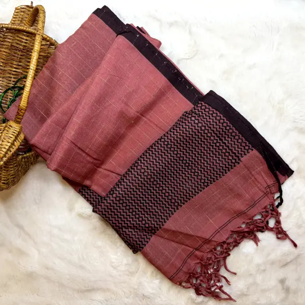 Orange with checks linen cotton saree