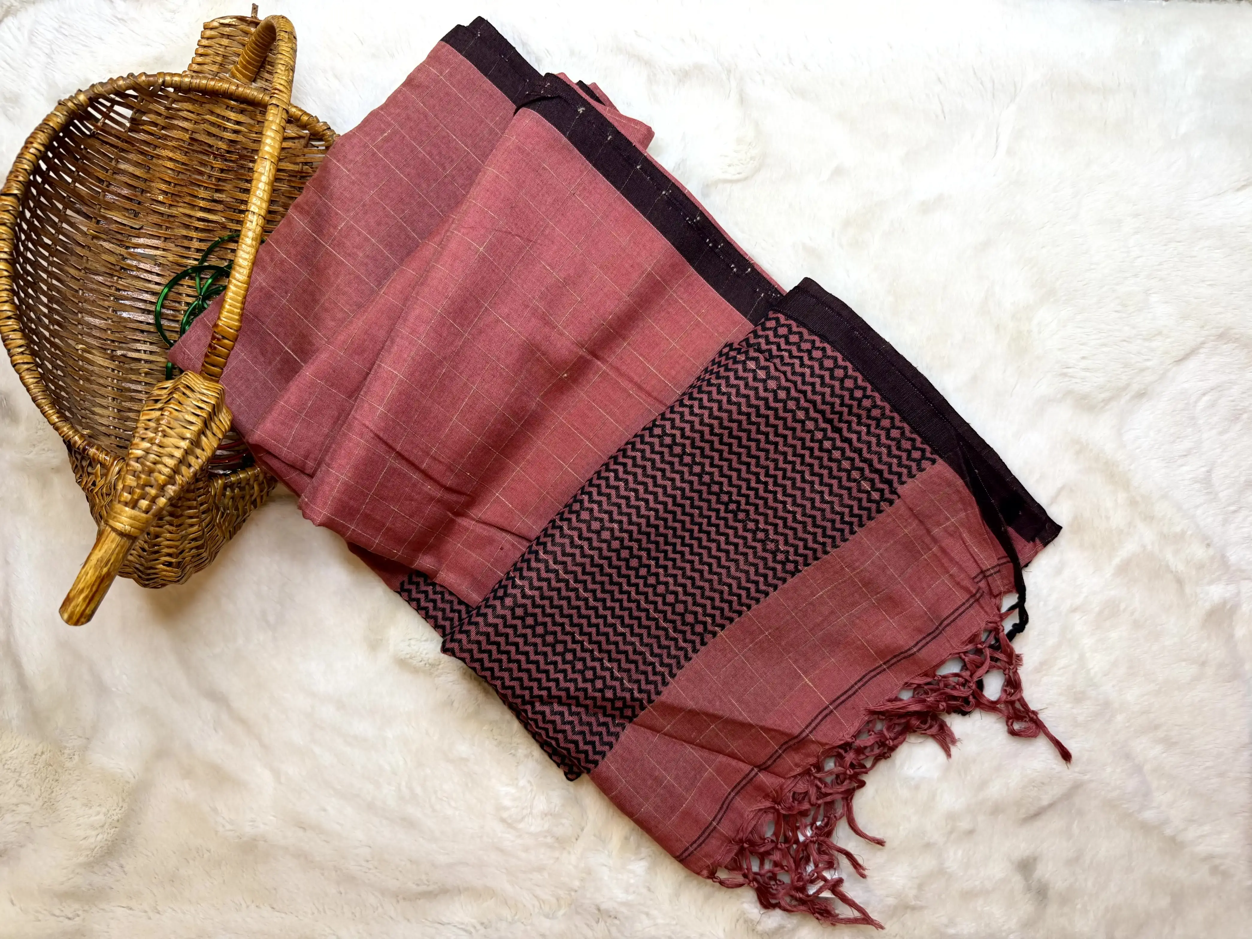 Orange with checks linen cotton saree