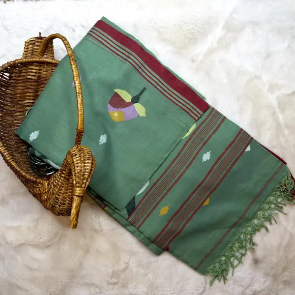 Green jamdhani work cotton saree