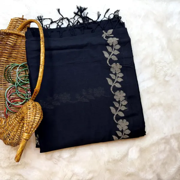 Black with floral border dhaniakali cotton saree