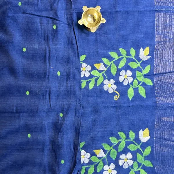 Peacock blue floral pattern pure linen cotton saree