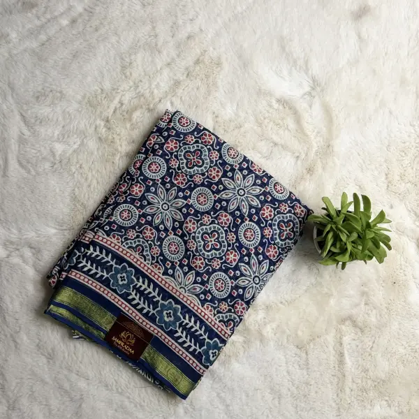 Navy Blue mul cotton saree