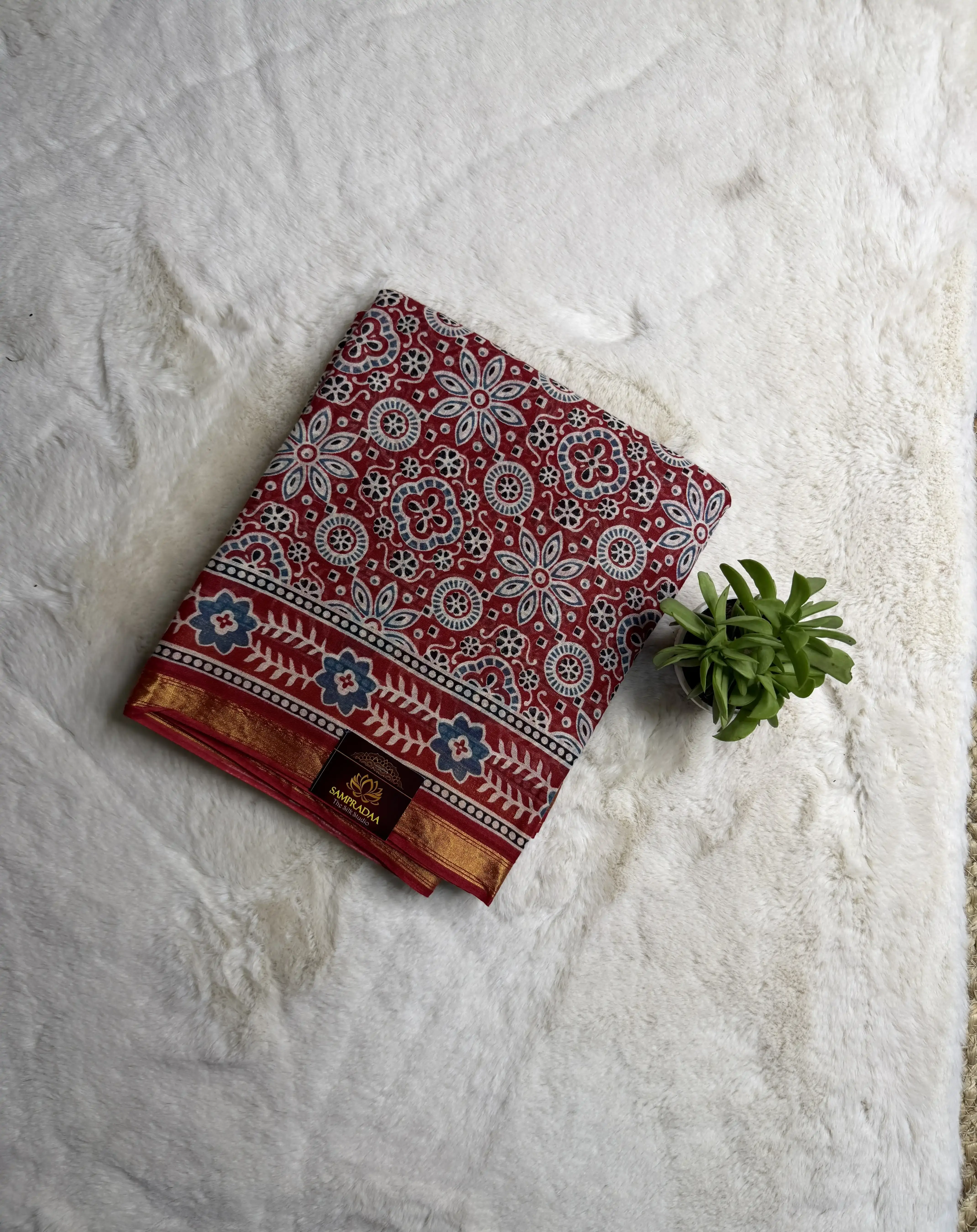 Maroon mul cotton saree