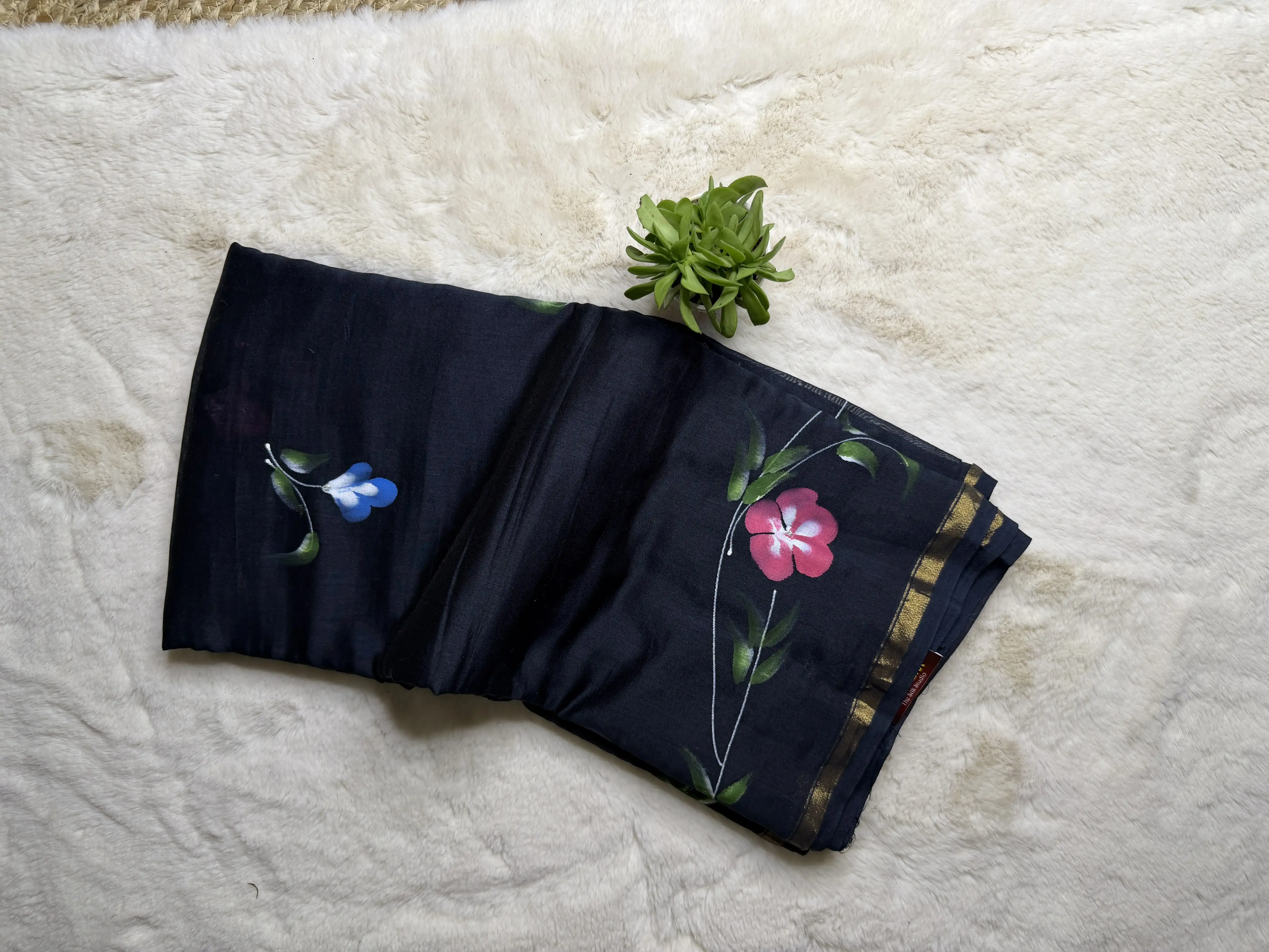 Black floral handpaint pure cotton saree