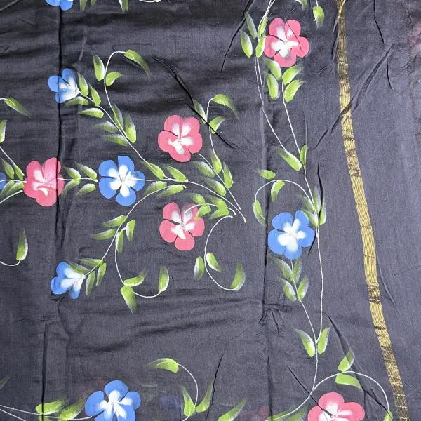 Black floral handpaint pure cotton saree