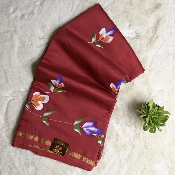 Maroon floral handpaint pure cotton saree