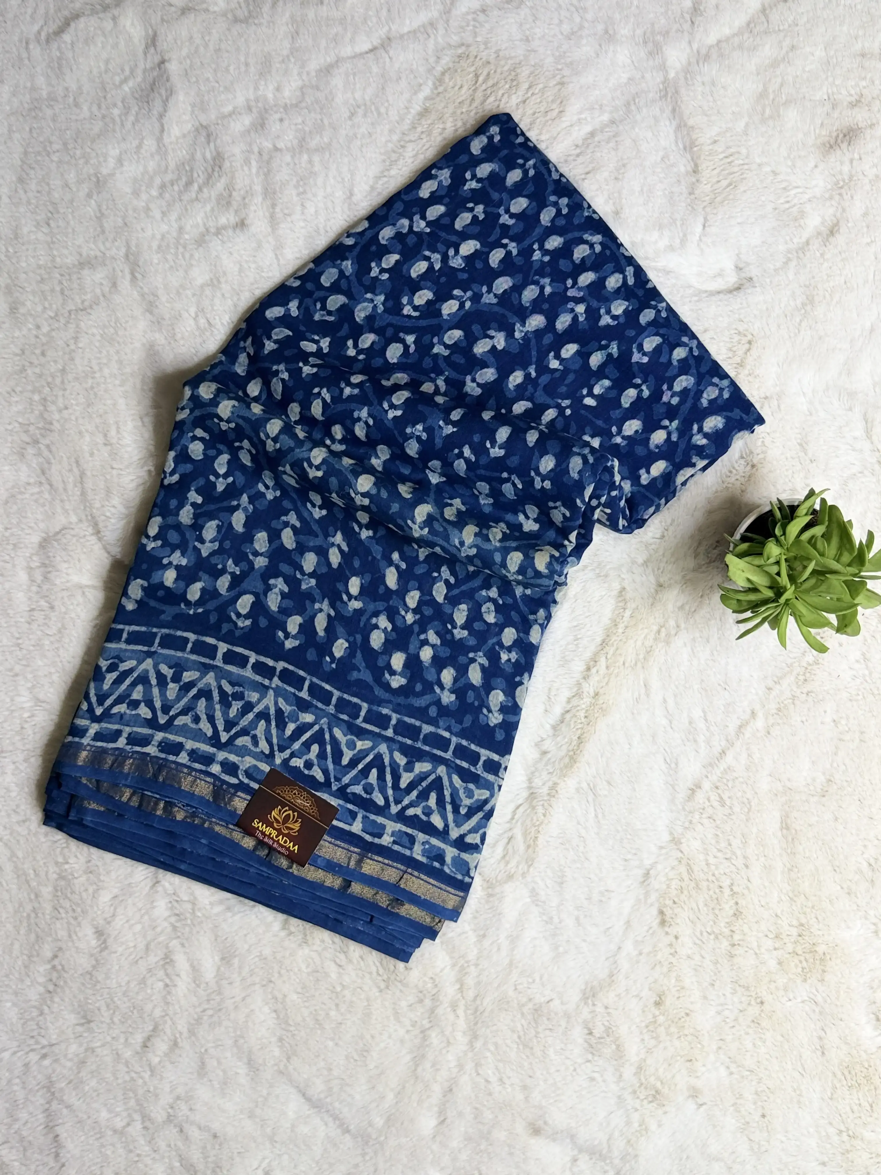 Indigo with buttas print cotton saree