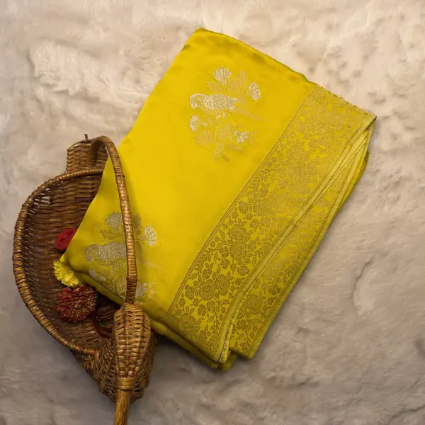 Yellow with Bird motifs Mashru Silk Saree