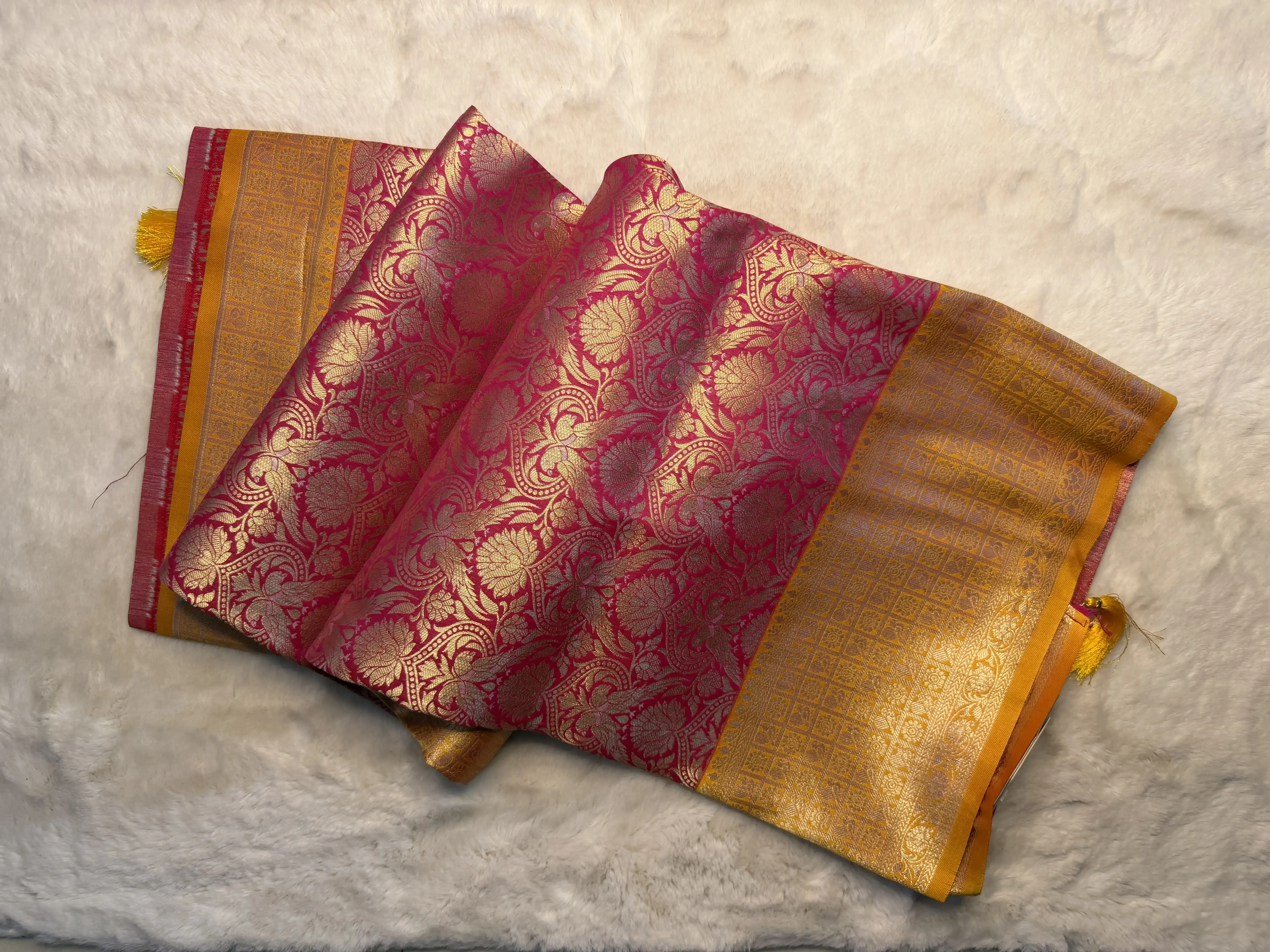 Red WIth Yellow border Benaras Semi Silk Saree