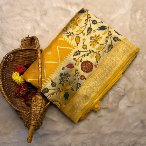 Yellow With Meenakari Work Semi Tussar Silk Saree