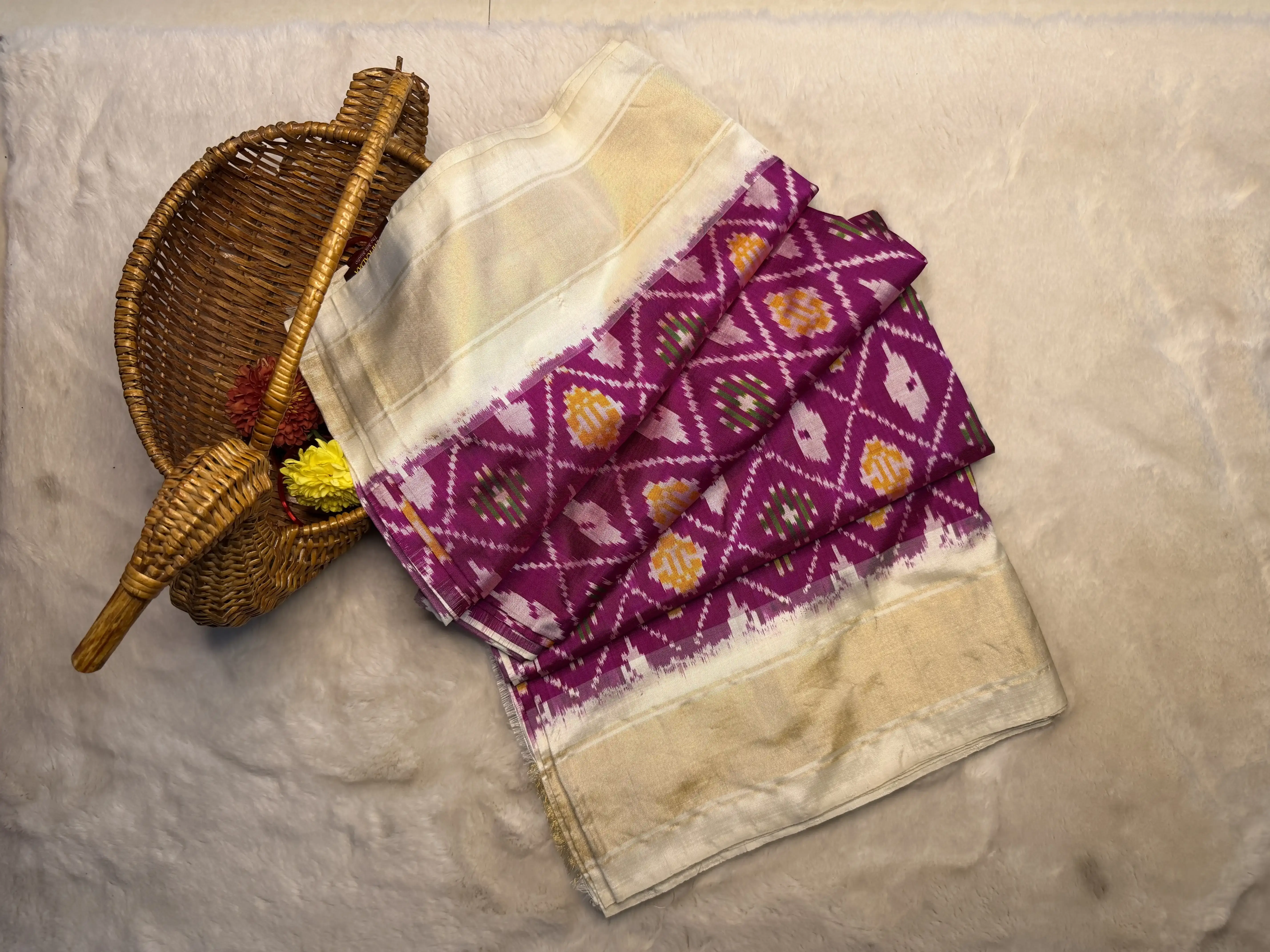 Purple Body WIth Plain Cream Border Poochampalli Silk Saree