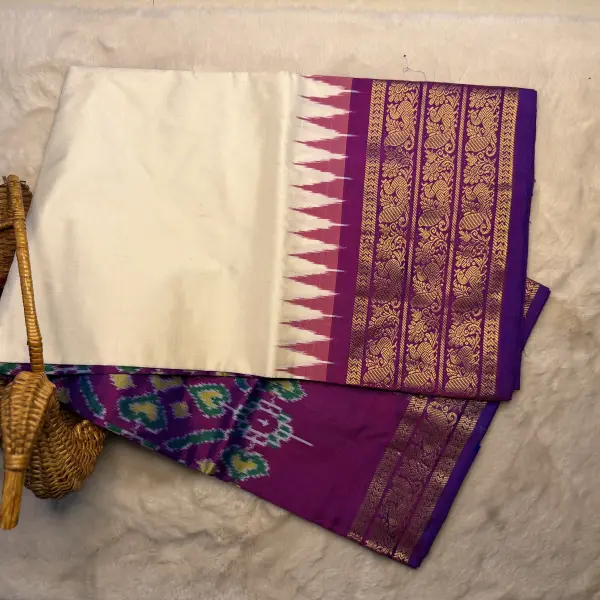 Cream with Purple Poochampalli Silk Saree