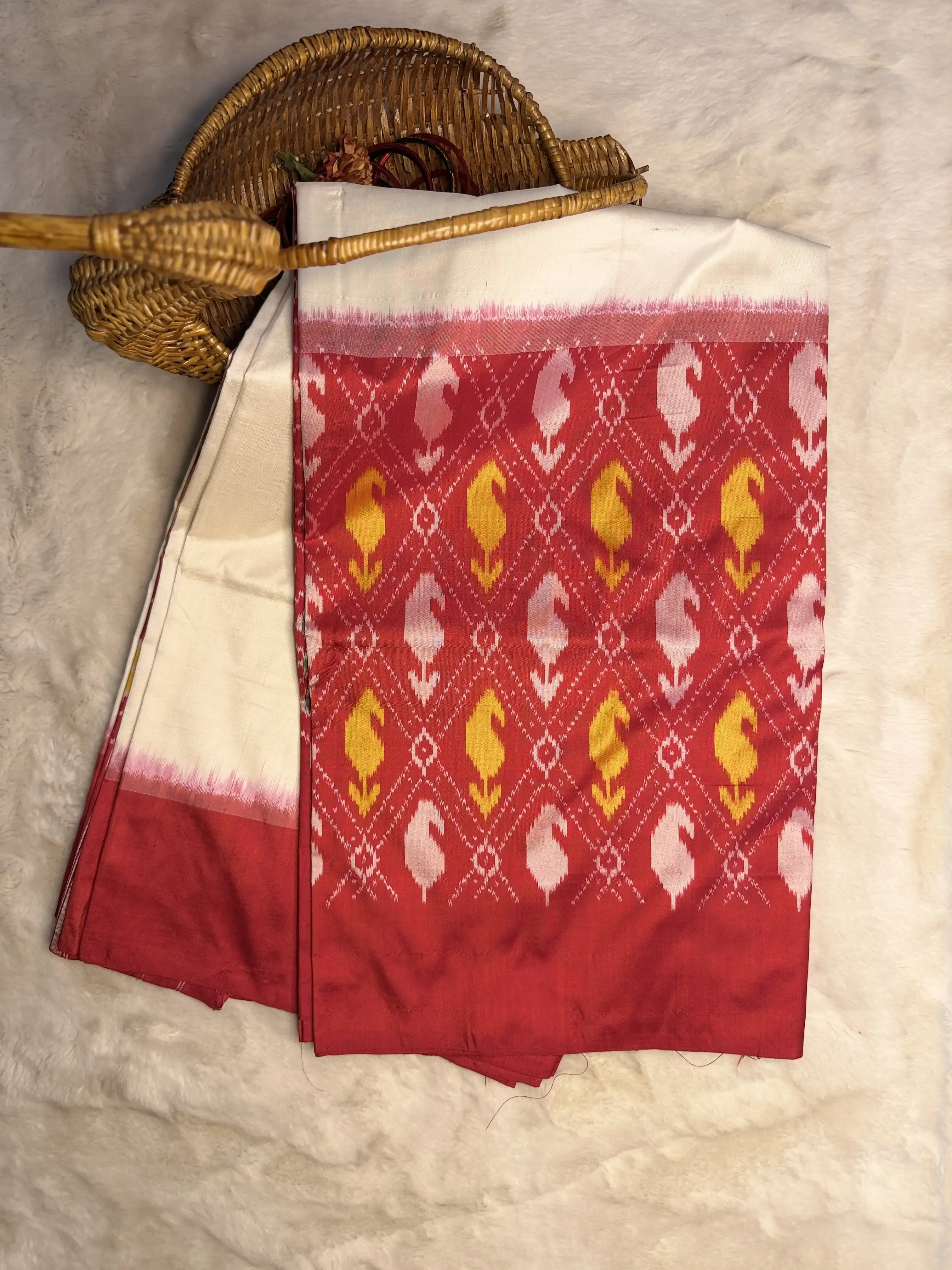 Cream Red Half & Half Mango Motif Poochampalli Silk Saree