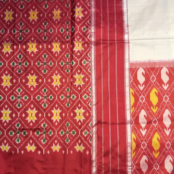 Cream Red Half & Half Mango Motif Poochampalli Silk Saree