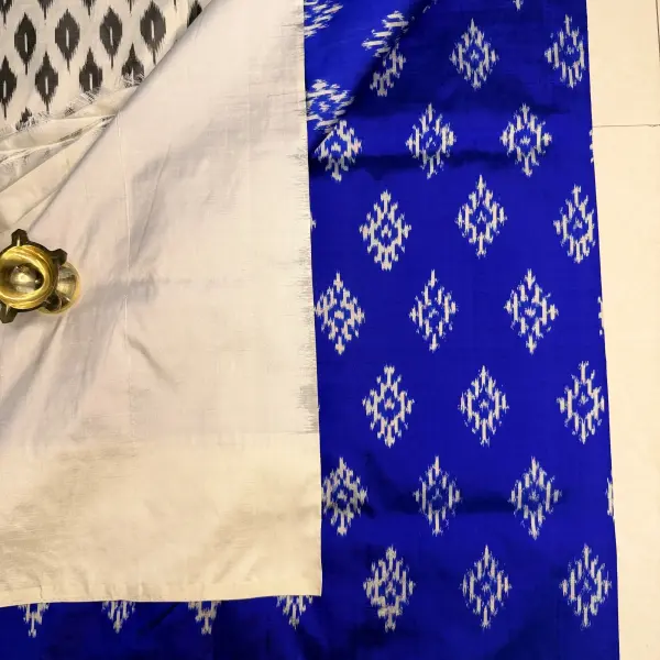 Ink Blue with Cream Plain Border Poochampalli Silk Saree