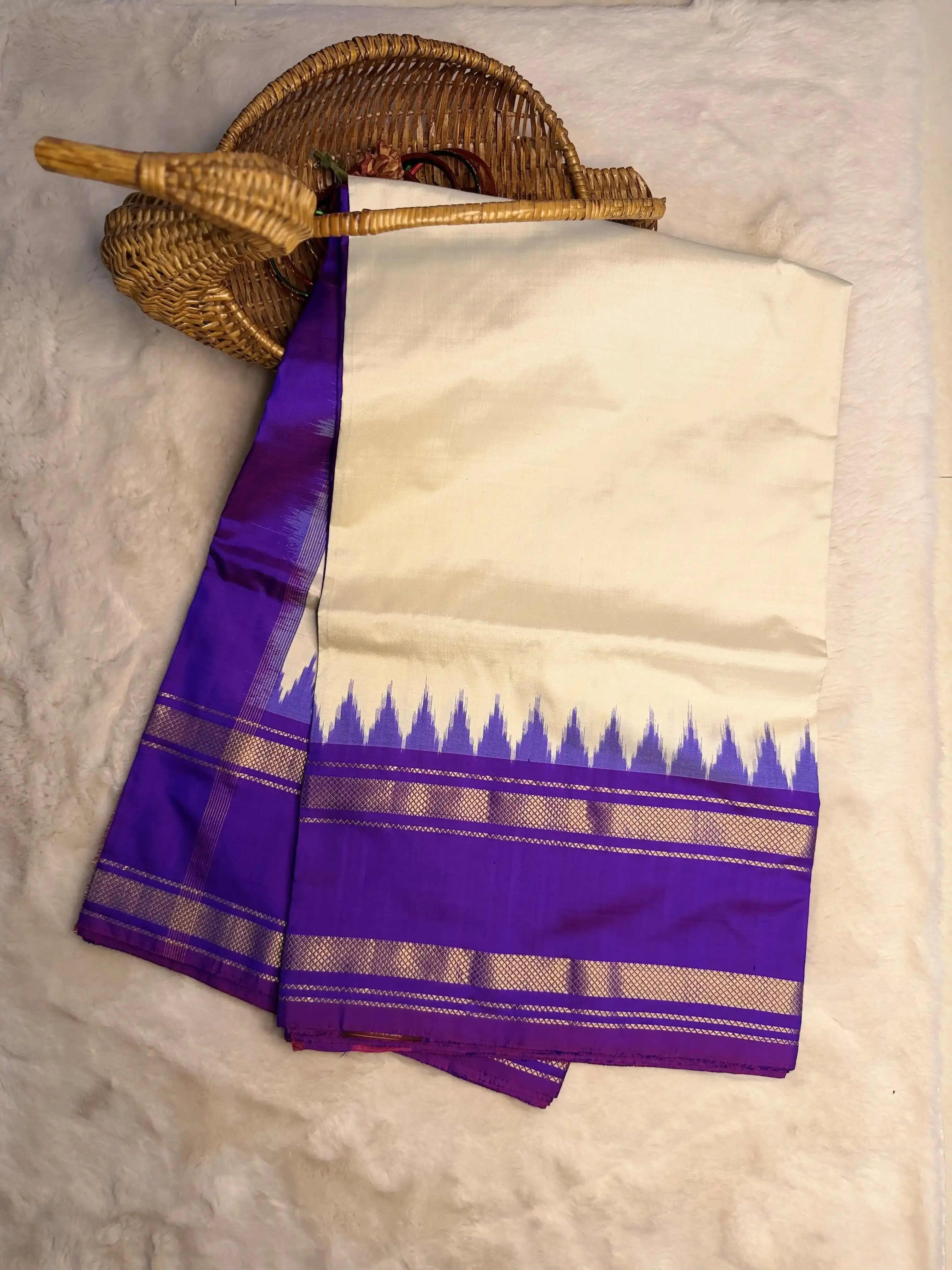 Cream with Purple Bentex Border Poochampalli Silk Saree