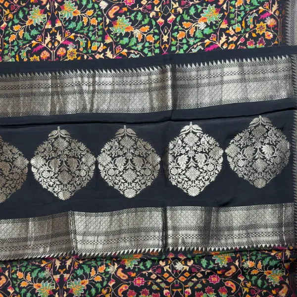 Black Floral Gajji Silk Saree