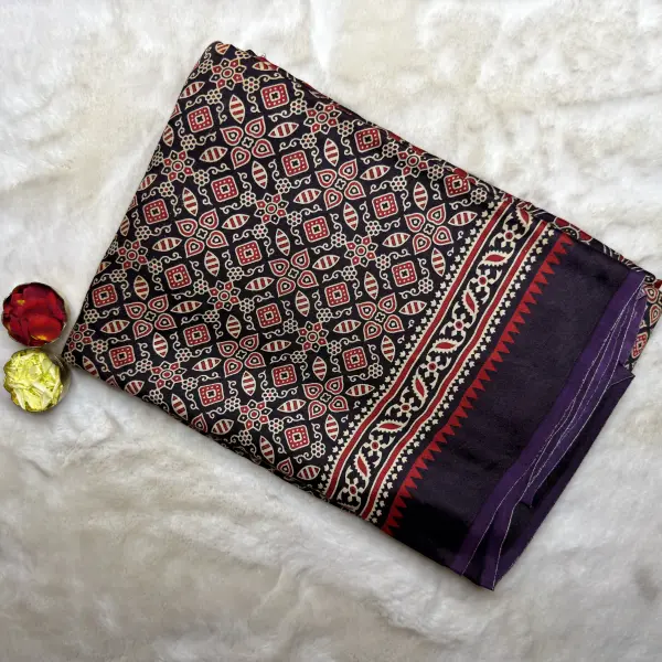 Chocolate Brown Ajrak Print Satin Modal Saree