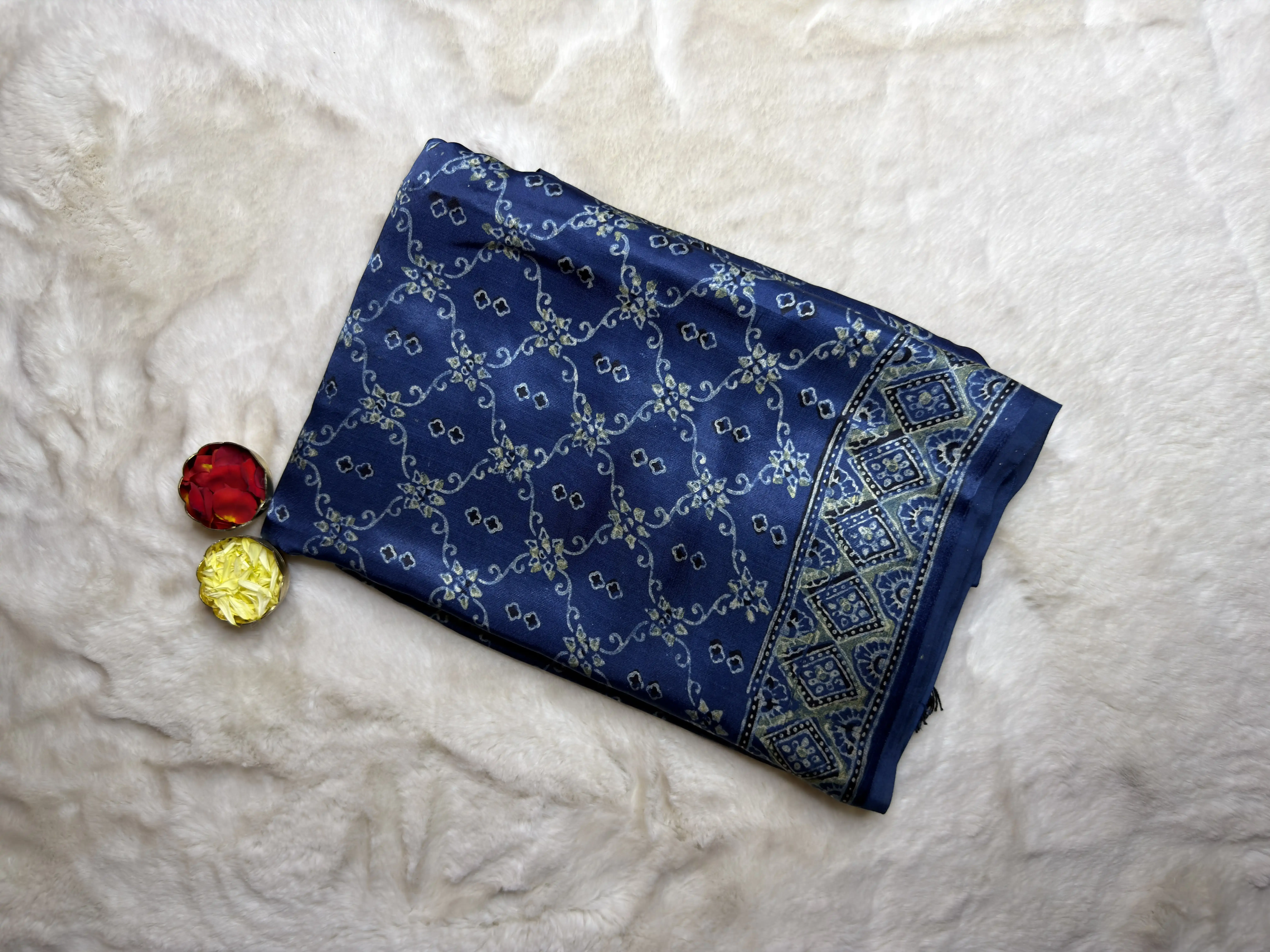 Ink Blue Ajrak Print Modal Silk Saree