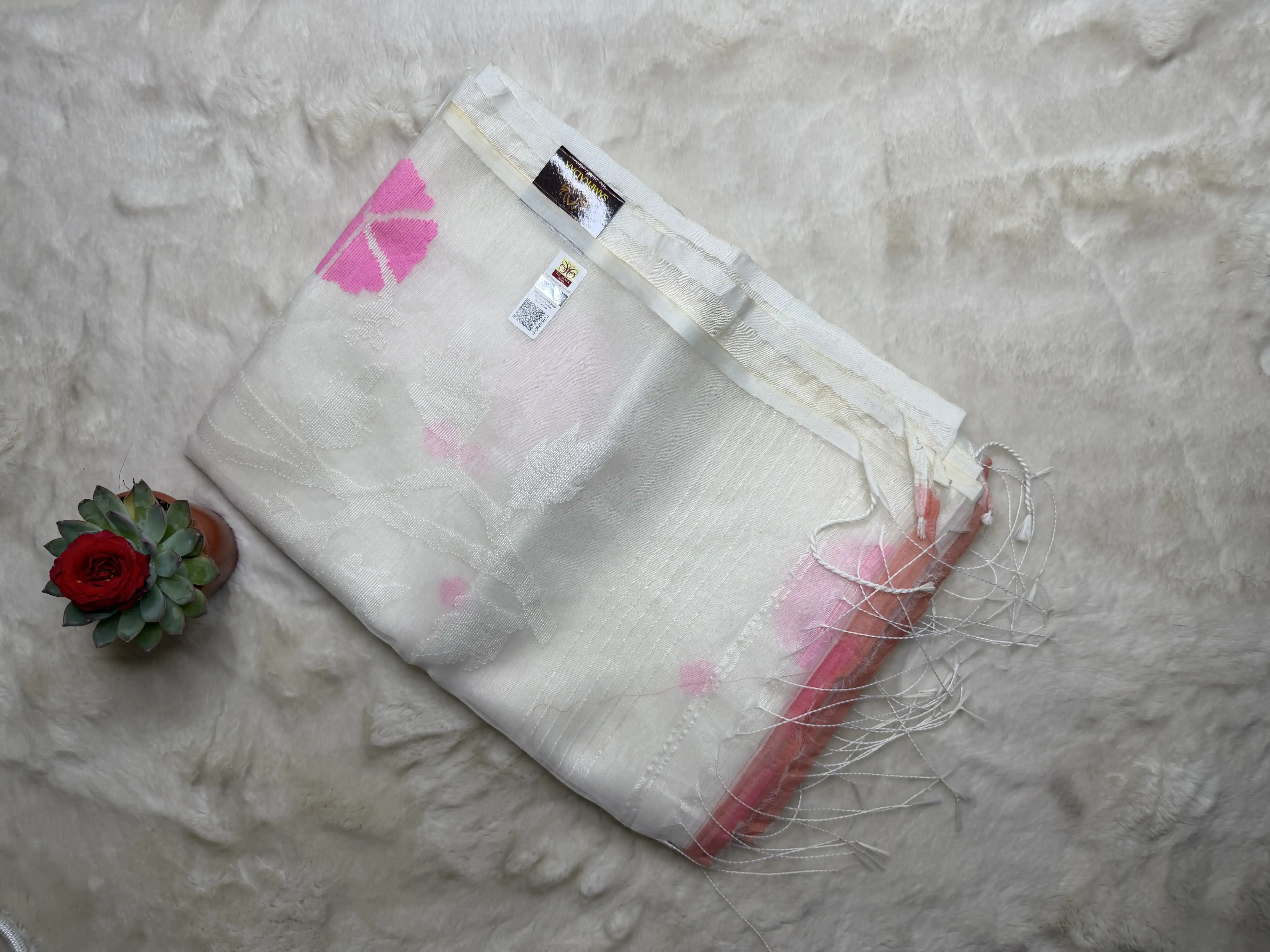 White with neon pink floral pattern pure Dhakai cotton saree