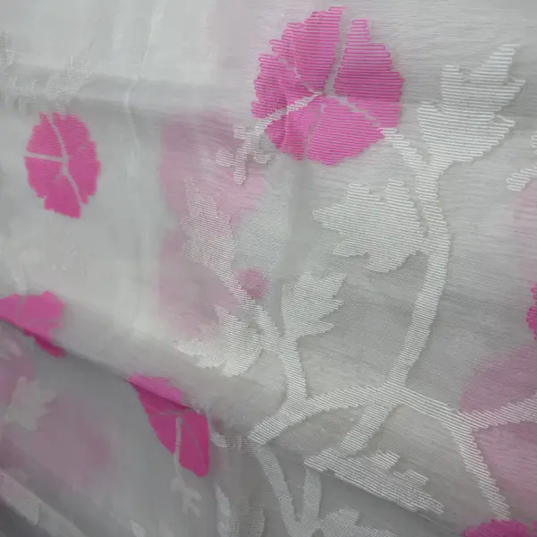 White with neon pink floral pattern pure Dhakai cotton saree