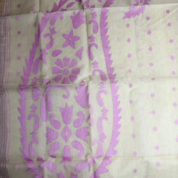 Cream with Pink Jamdhani Work Muga Cotton Silk Saree