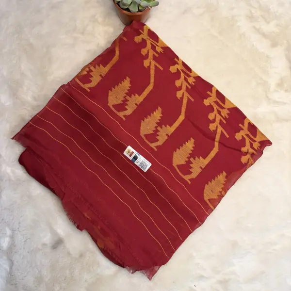 Cherry Red with Yellow Jamdhani Work Muslin Cotton Saree