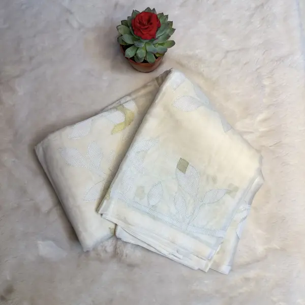 White Self work Pure Jamdhani Cotton Saree