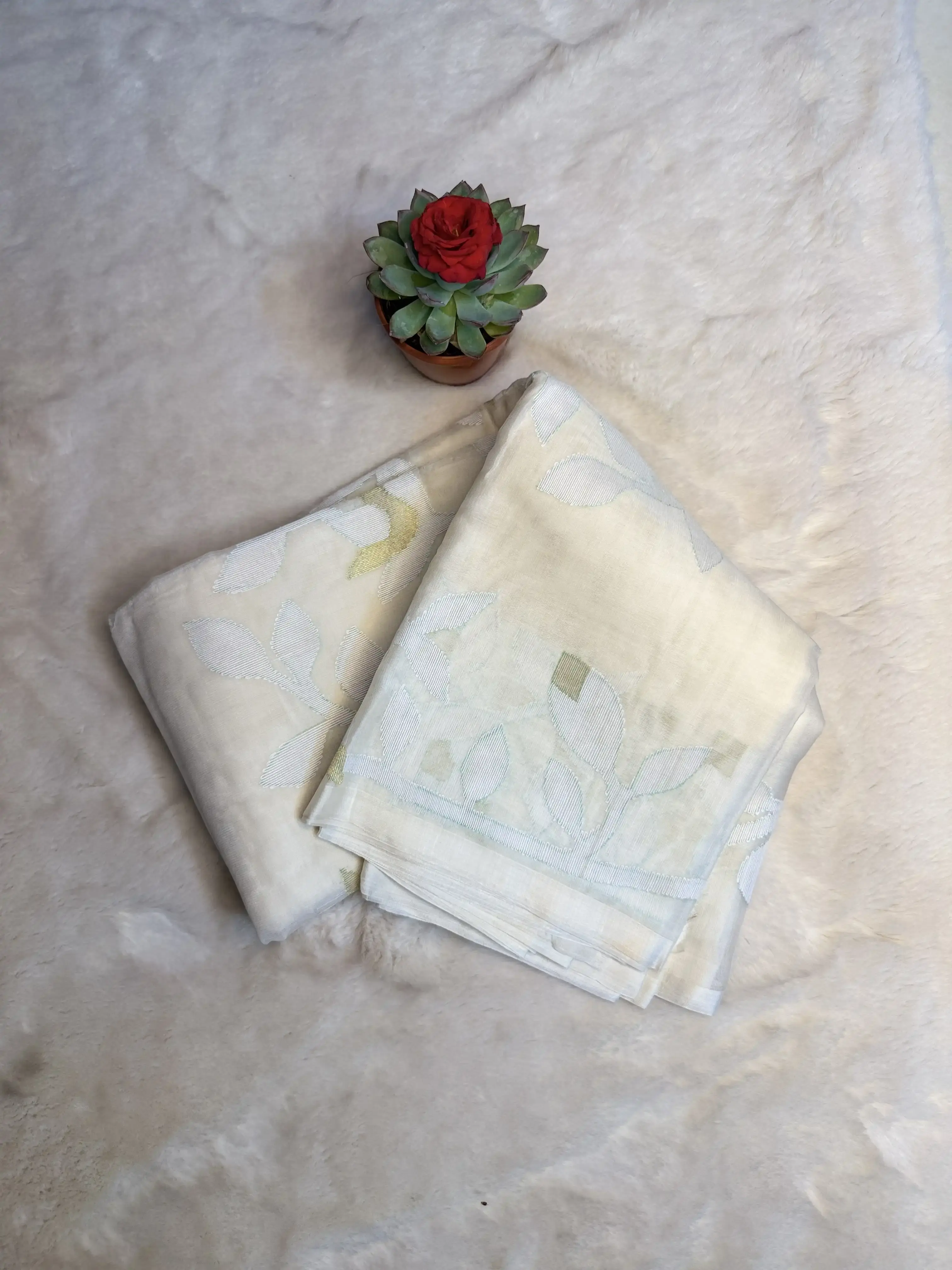 White Self work Pure Jamdhani Cotton Saree