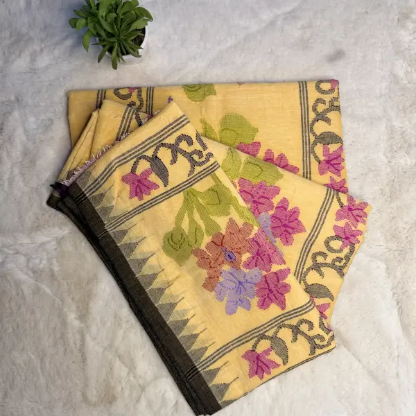 Mustard Yellow colour with Jamdhani work moirang phee pure cotton saree
