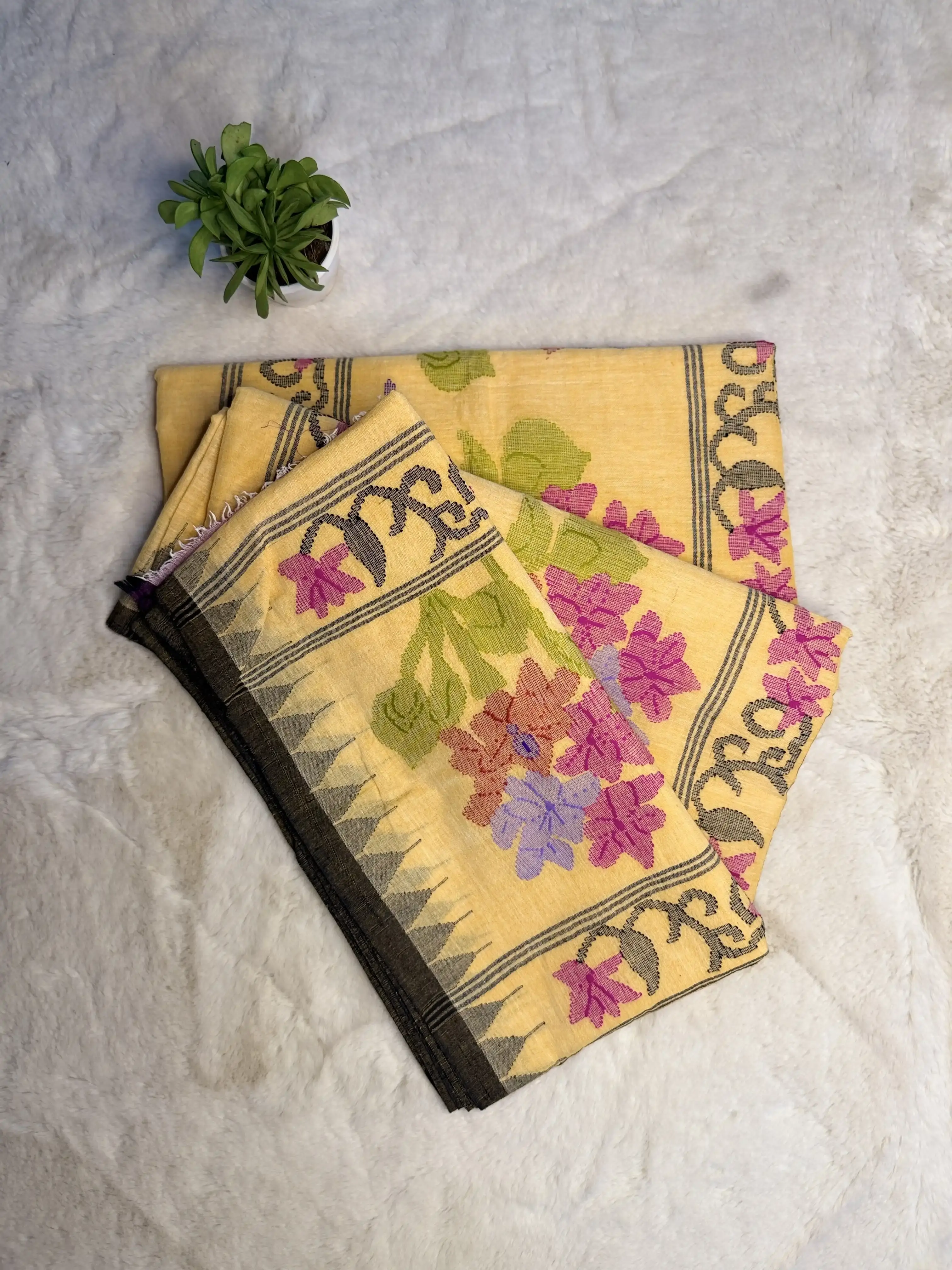 Mustard Yellow colour with Jamdhani work moirang phee pure cotton saree