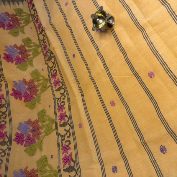 Mustard Yellow colour with Jamdhani work moirang phee pure cotton saree