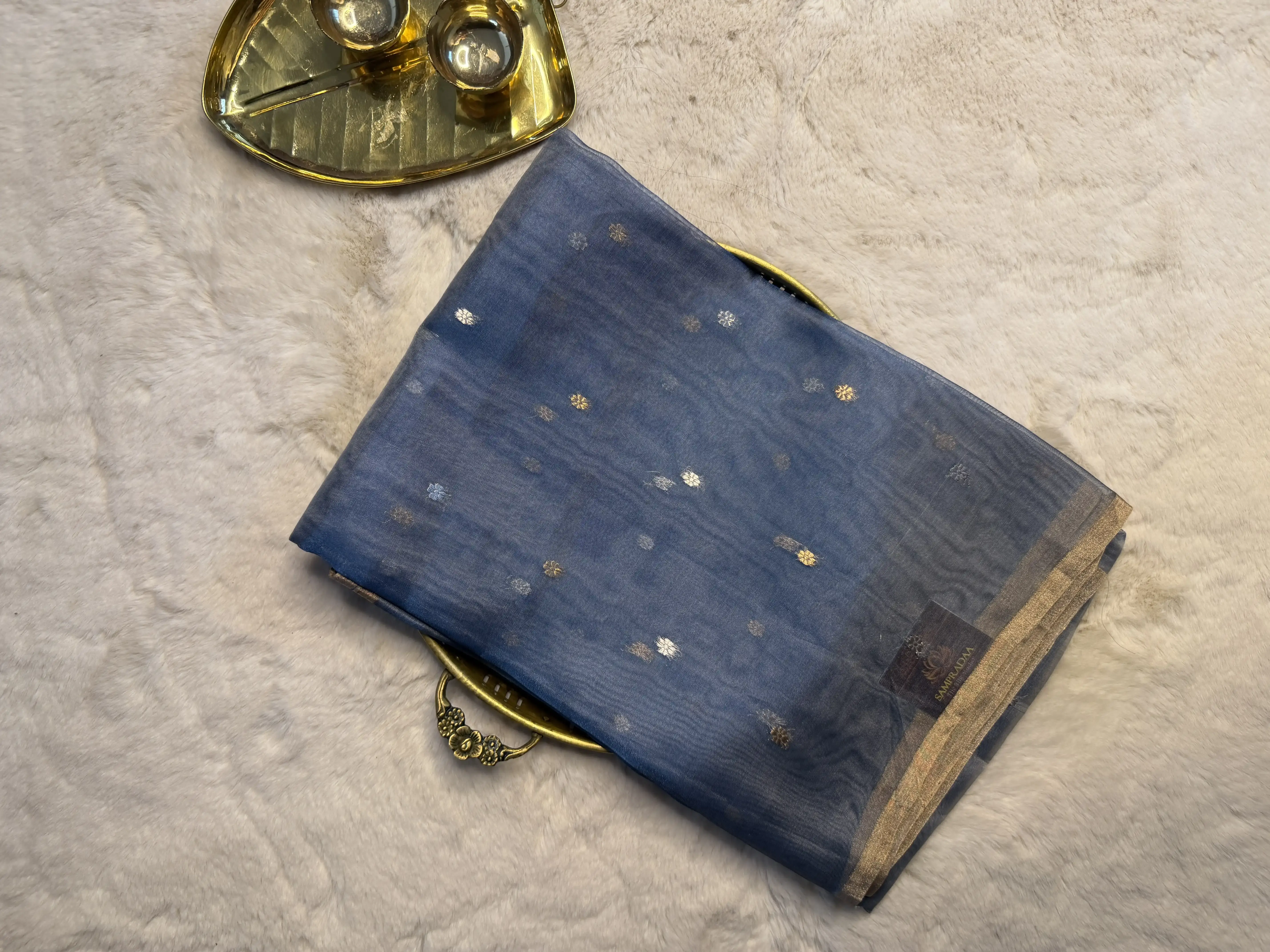 Grey with Buttas pure Tissue Organza Saree