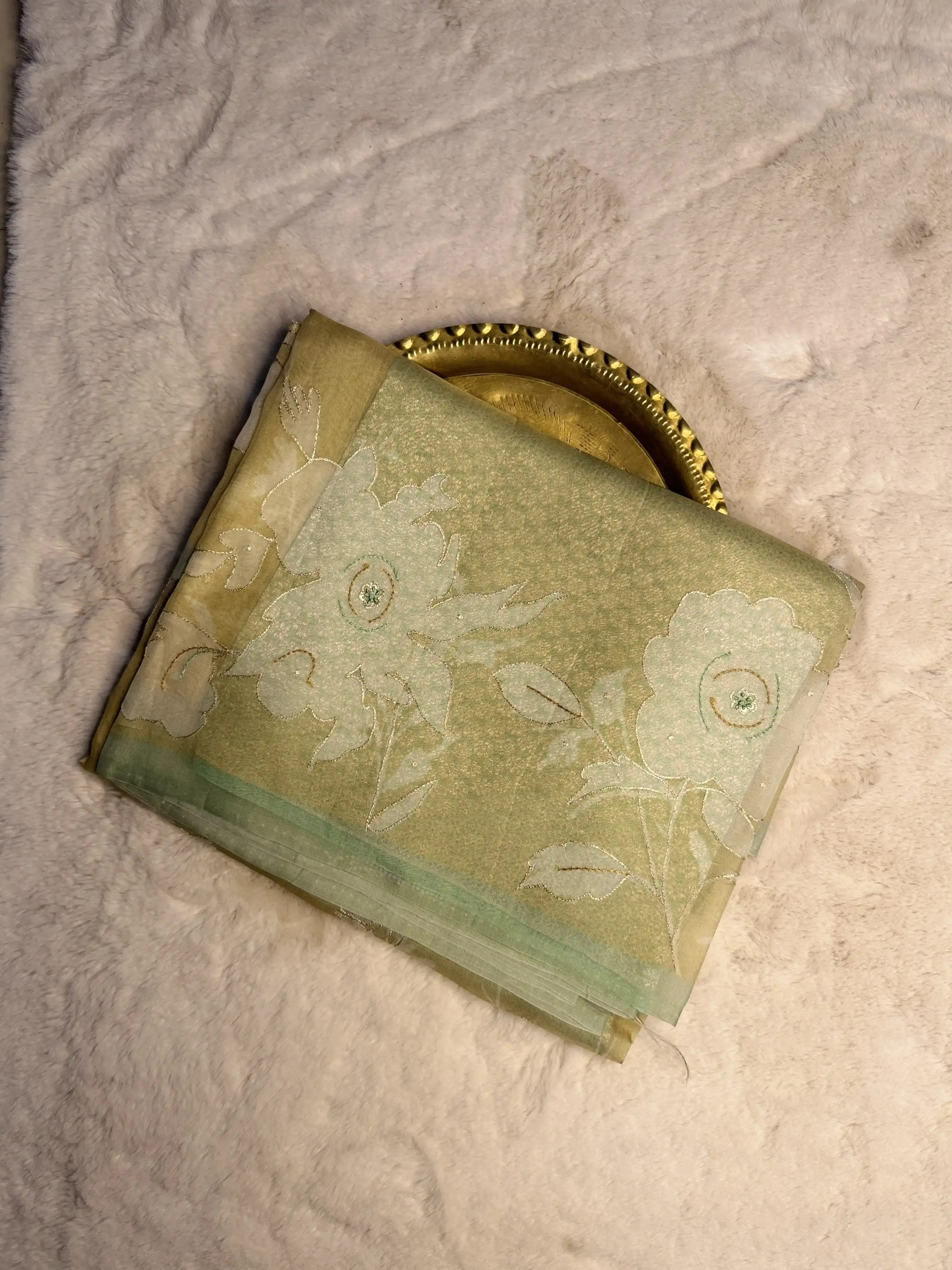 Lemon Yellow & Mint Green Organza Saree