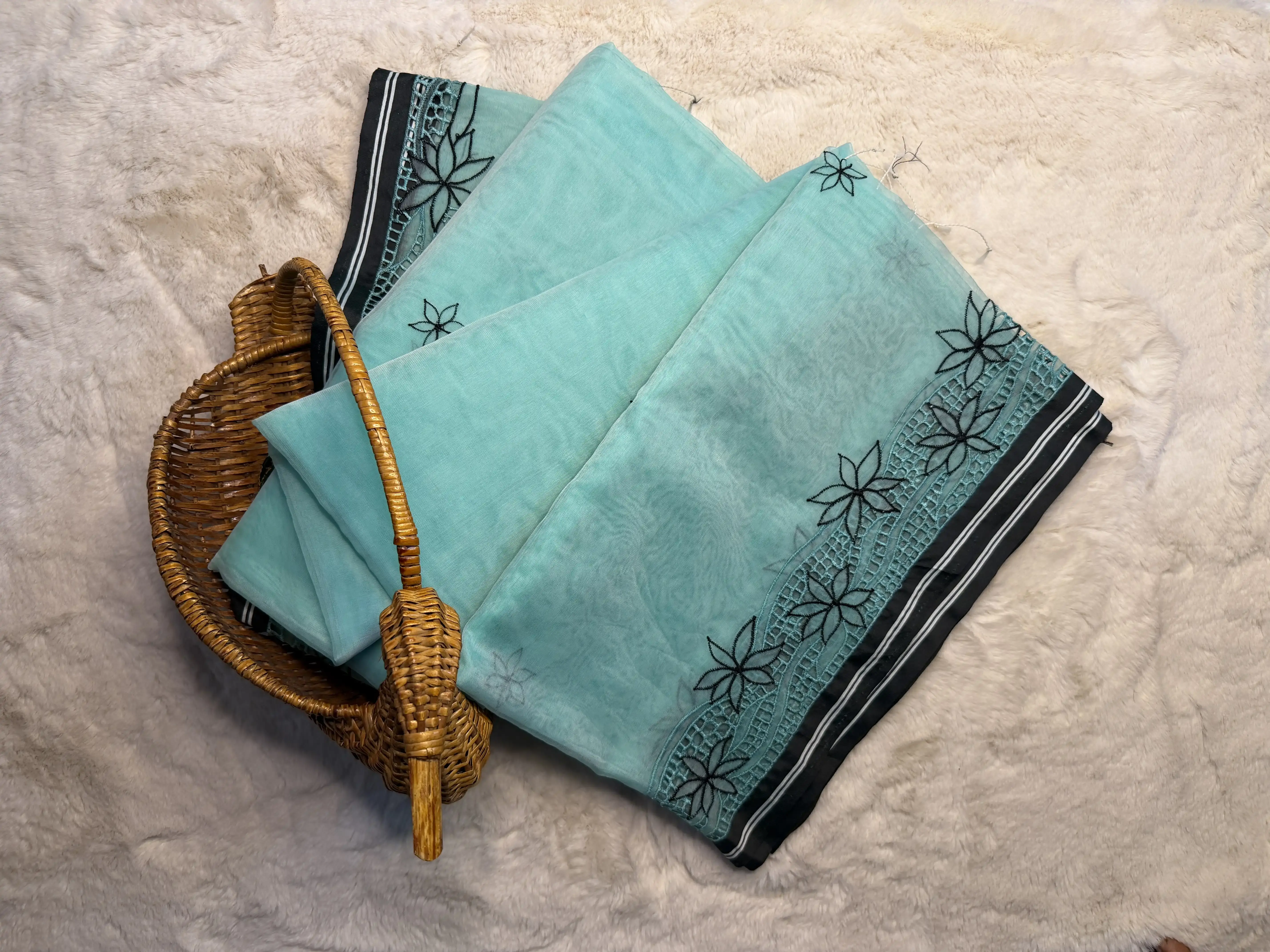 Blue Cut Work Pure Organza Saree