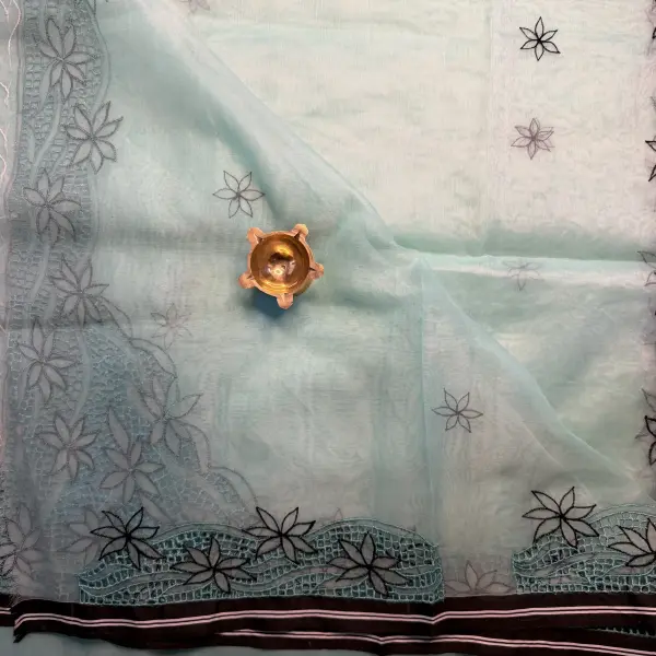 Blue Cut Work Pure Organza Saree