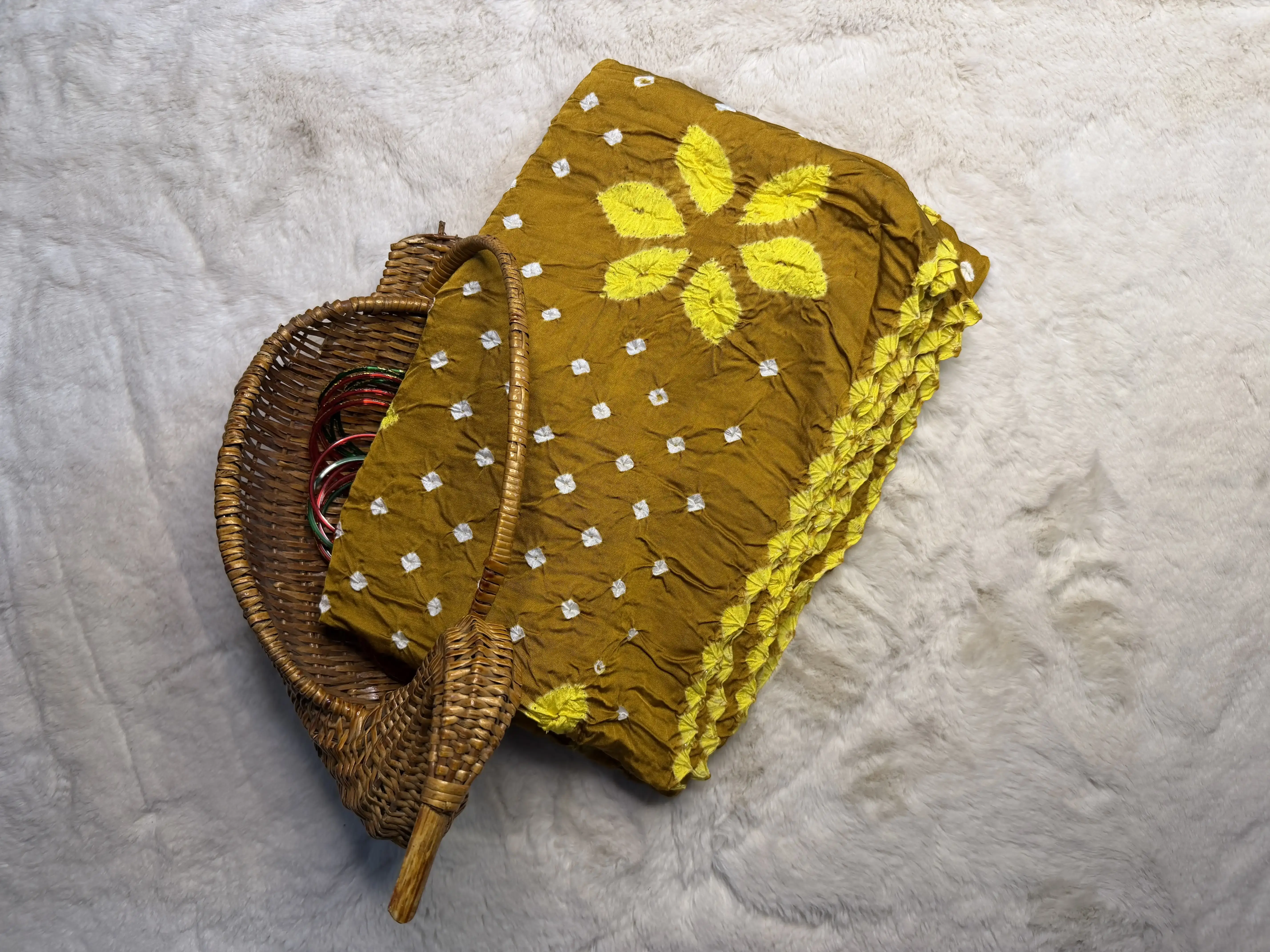 Mustard Yellow Bandhani work lightweight fancy Saree