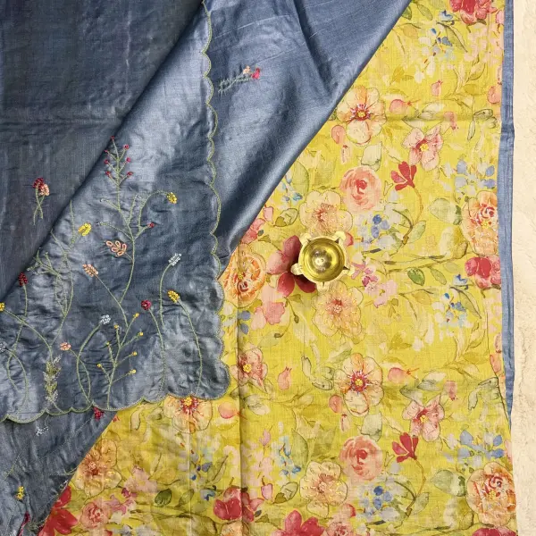 Grey thread work pure Tussar Silk Saree