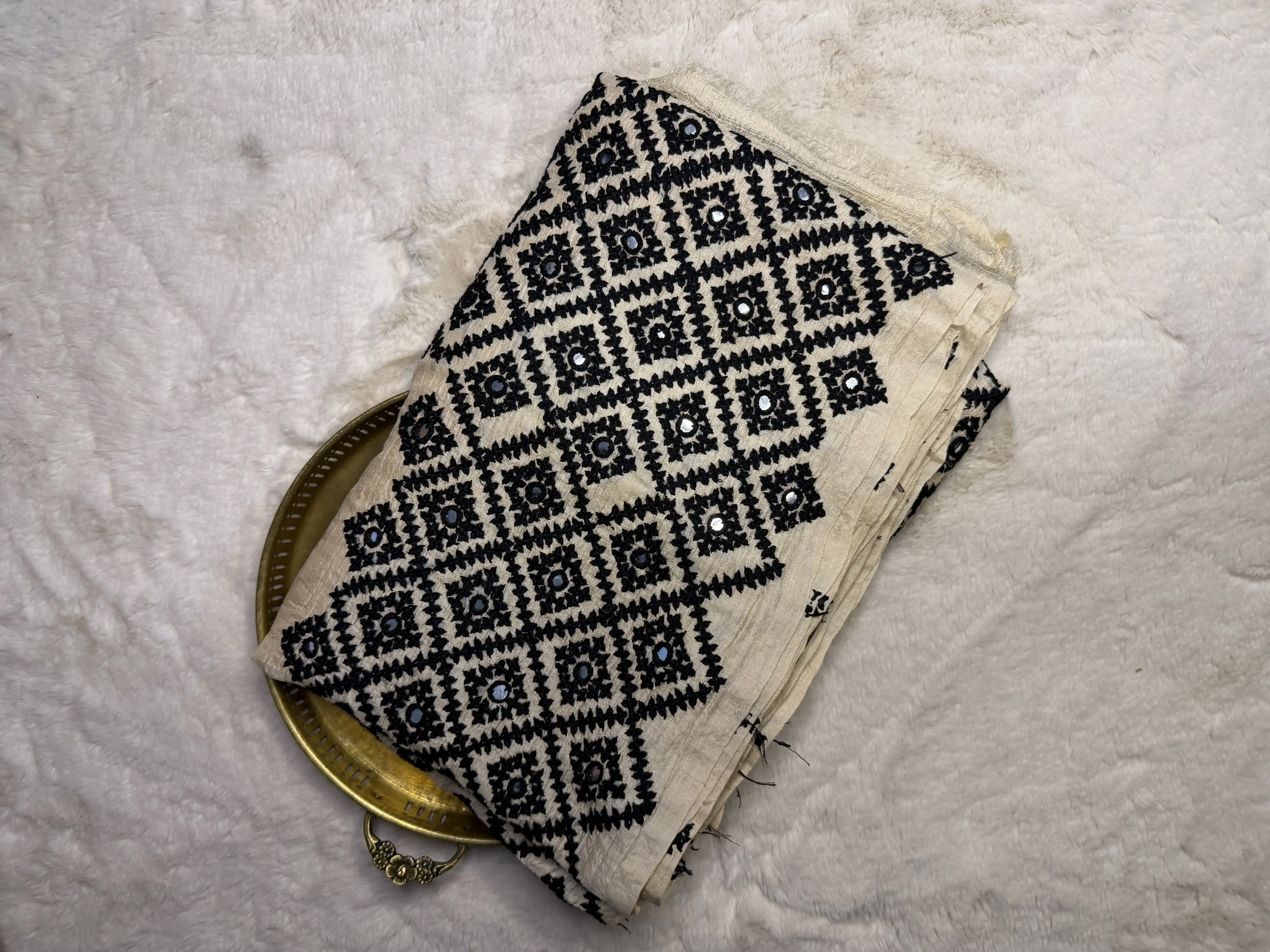 Cream Thread & Mirror work pure Tussar silk Saree