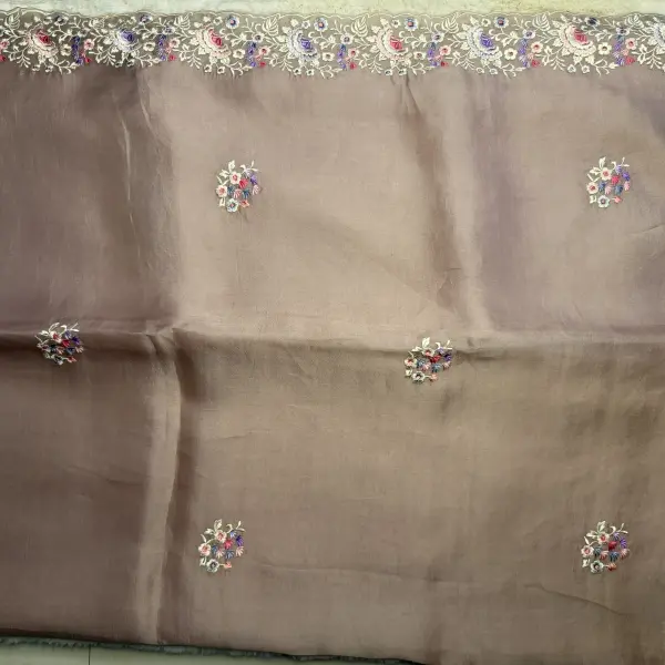Beige With floral border Organza Saree