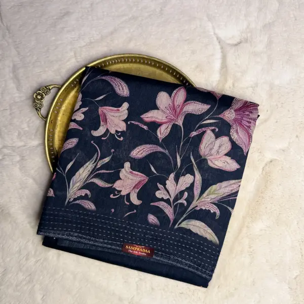 Black FLoral Design Linen cotton Saree