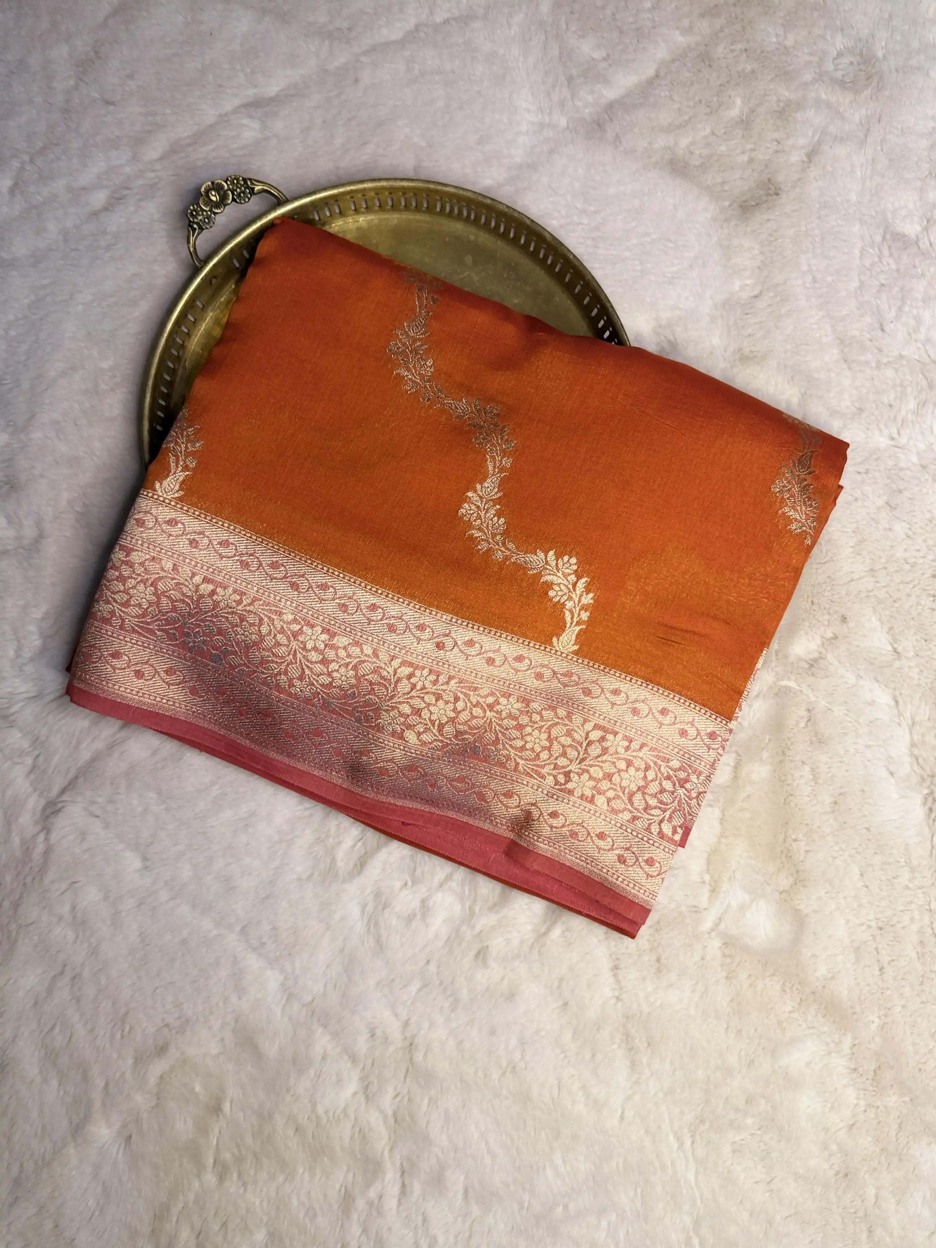Orange with Pink Lehariya Pattern Chiniya Silk Saree