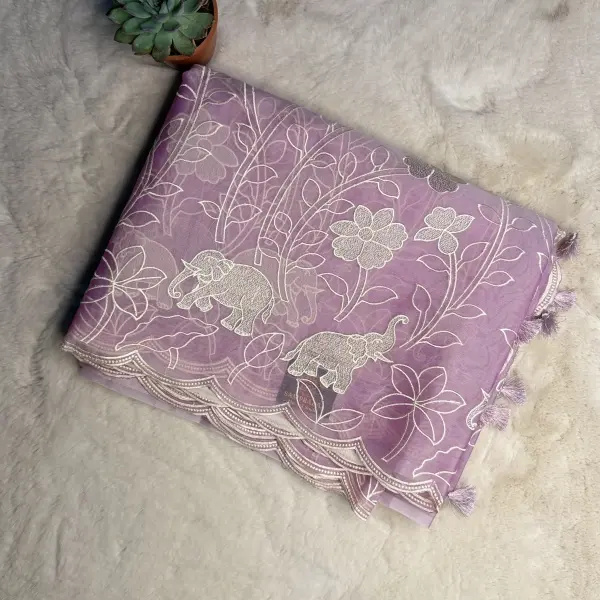 Lavender Scallop border with Floral Pattern Organza Saree